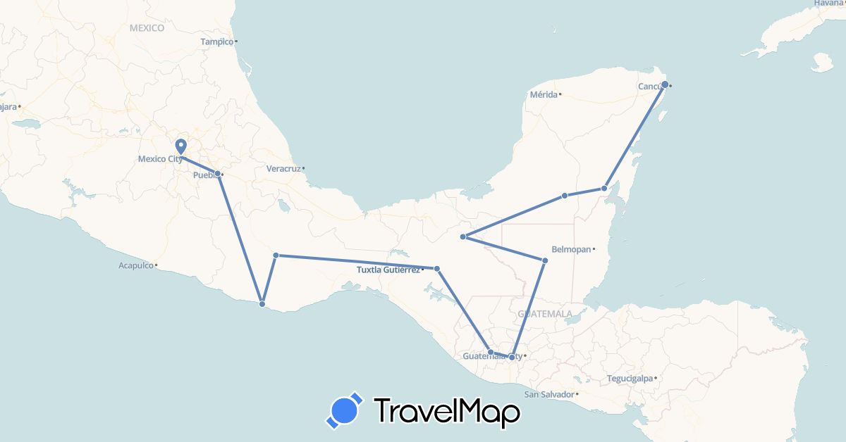 TravelMap itinerary: driving, cycling in Guatemala, Mexico (North America)
